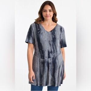 One World Womens Blouse Tunic M Gray Blue Short Sleeve V Neck‎ Tie-Dry Sequin